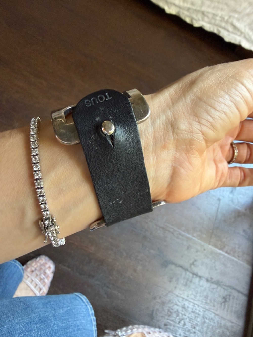 Tous Kaos Black Leather and Sterling silver Cuff Bracelet - Picture 2 of 5